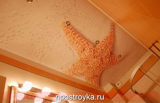 Матовый натяжной потолок с фотопечатью в ванной Матовый натяжной потолок с фотопечатью в ванной