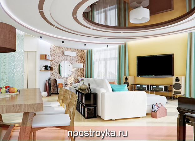 Натяжные потолки с переходом уровня в гостиной 20 кв.м.