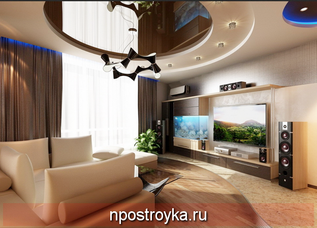 Натяжные потолки с переходом уровня в гостиной 20 кв.м.