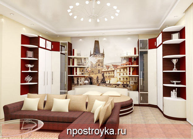 Натяжные потолки сатиновые в гостинной 20 кв.м.